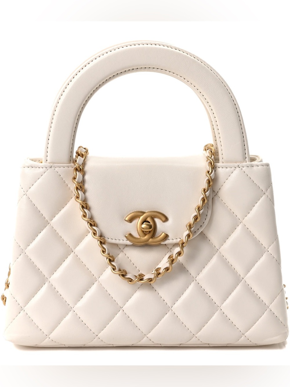 Shiny Aged Calfskin Quilted Nano Kelly Shopper White